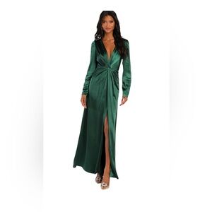 Endearing Elegance Emerald Green Satin Long Sleeve Maxi Dress XL